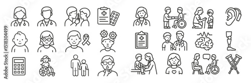 Health care icons representing various medical professions, activities, and supportive roles in a community setting
