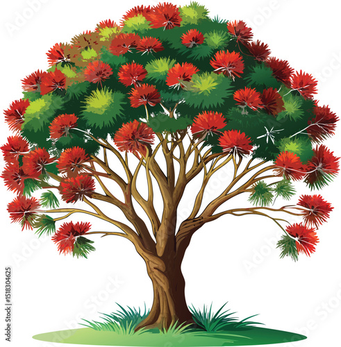 Detailed Red Flowering Pohutukawa Tree Illustration