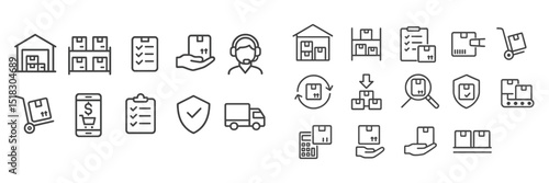 Icons representing warehouse logistics, packaging, delivery, and inventory management in a clean design