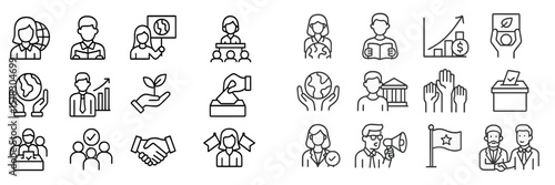 Icons representing global teamwork, sustainability, and financial growth in a professional context with diverse activities and contributions