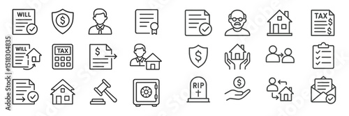 Legal documents and symbols related to estate planning, taxation, and property management in a simplified graphic style