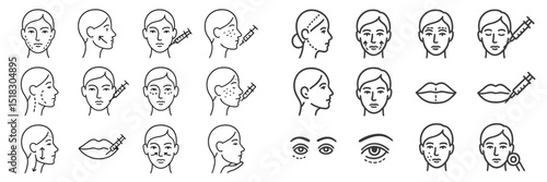 Various illustrations of cosmetic procedures for facial enhancement including injections and contouring techniques
