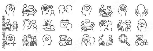 Simple line icons depicting various mental health concepts and therapeutic activities in a grid layout