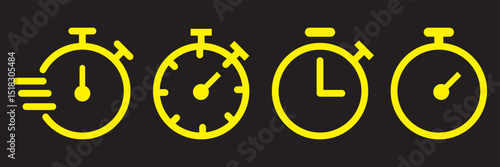 Timer icon set. Alarm clock symbol. Watch countdown vector illustration. Stopwatch sign. Hours, minutes and seconds concept. Simple express pictogram outline collection