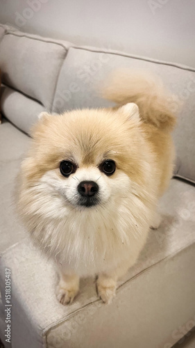 White Pomeranian Dog Pet Puppy Happy Cute Smile In Home With Seat Sofa Furniture Interior Decoration In Living Room