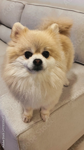 White Pomeranian Dog Pet Puppy Happy Cute Smile In Home With Seat Sofa Furniture Interior Decoration In Living Room