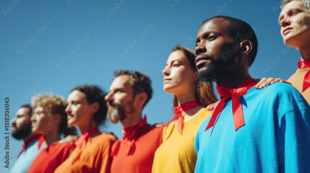 The diverse group of people celebrating together in colorful outfits outdoors The diverse group of people celebrating together in colorful outfits outdoors