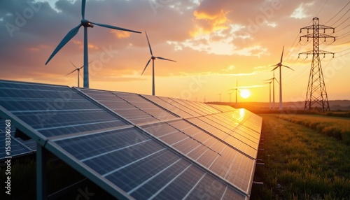 Sustainable energy landscape featuring solar panels, wind turbines, and power lines