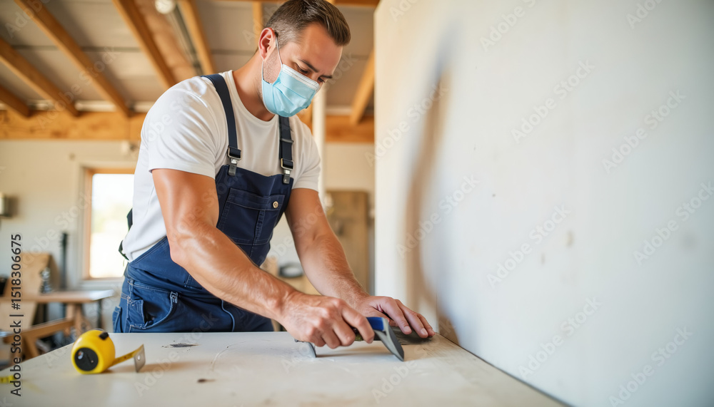 Man measuring wood while wearing a mask in a carpentry workshop Man measuring wood while wearing a mask in a carpentry workshop