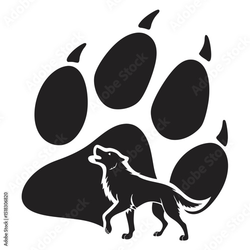 Howling wolf silhouette within a paw print