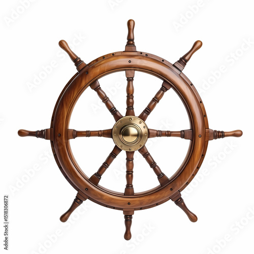 Wooden ship steering wheel isolated on white background.  