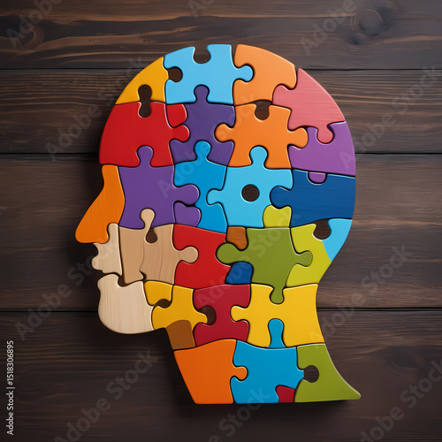 Wooden head shape brain made of colorful puzzle pieces 