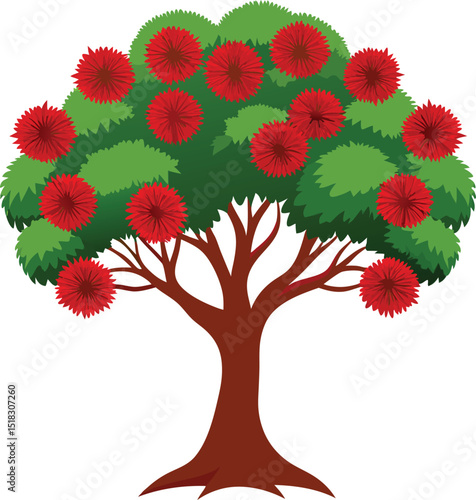 Detailed Red Flowering Pohutukawa Tree Illustration