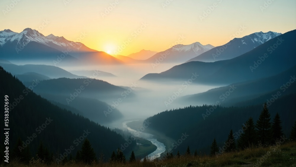 Obraz premium Misty mountain valley at sunrise.