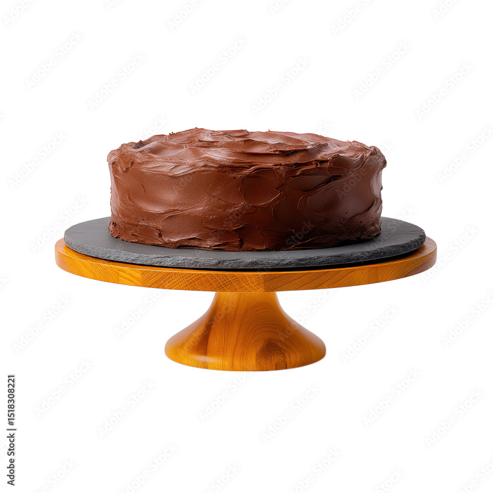 Chocolate cake with frosting on a wooden stand isolated on transparent background Chocolate cake with frosting on a wooden stand isolated on transparent background