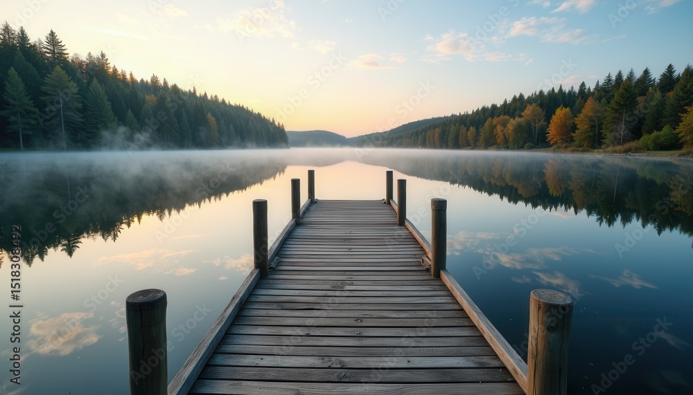 Naklejka premium Tranquil boardwalk misty lake at dawn
