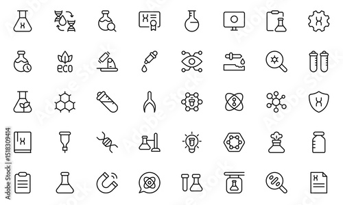 Laboratory line icon set. Containing experiment, test tube, microscope, flask, chemical, biology, research, lab and more. Editable stroke. Vector illustration