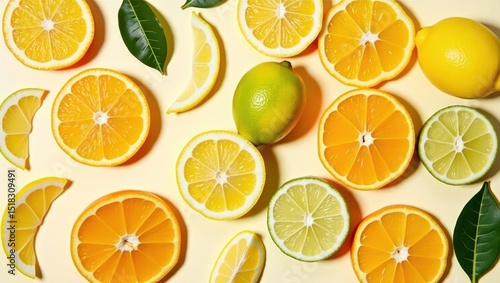 Citrus fruit slices arranged on a pale yellow background.