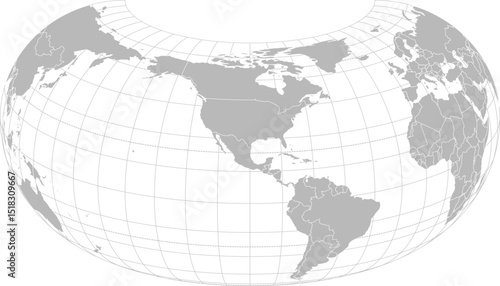 World vector map with country boundaries and graticules (North America centered view, 20 degrees north offset, Armadillo projection, PPT-compatible & fully editable)