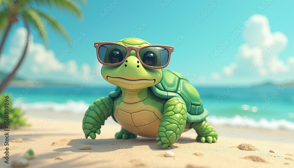 Naklejka premium Cute Turtle Wearing Sunglasses Relaxing on a Sunny Tropical Beach