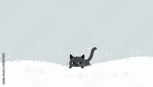 Playful black kitten in snow, curious expression, winter background, copy space