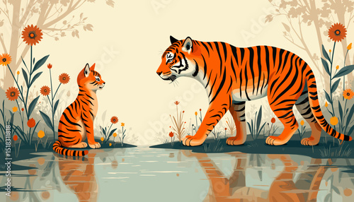 Tiger cub and adult tiger staring at each other with a calm mood in a floral landscape by a water body