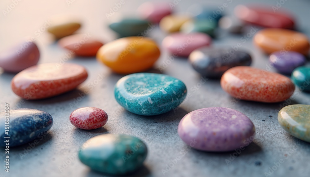 Colorful smooth stones on gray surface, tranquility nature concept Colorful smooth stones on gray surface, tranquility nature concept