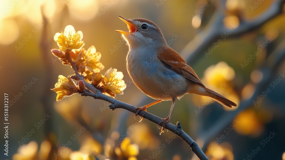 Thrush nightingale sings on branch. Bird with open beak singing in morning sunlight. Luscinia luscinia species sings outdoors on tree in forest at dawn. Thrush nightingale sings on branch. Bird with open beak singing in morning sunlight. Luscinia luscinia species sings outdoors on tree in forest at dawn.