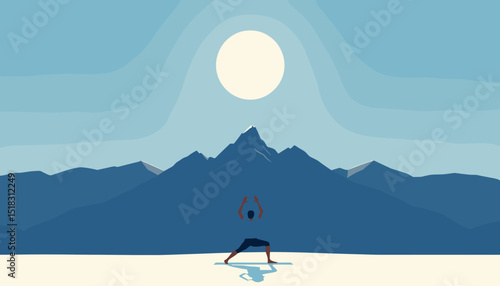 Person practicing yoga under the sun in mountainous landscape, meditative pose, copy space