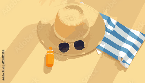 Beach essentials: straw hat, sunglasses, sunscreen, and striped towel, summery background, copy space