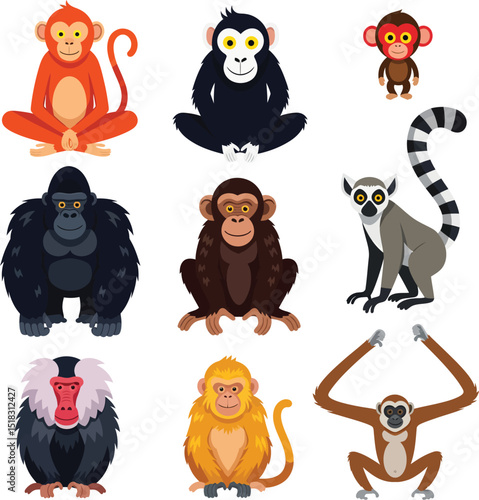 Collection of cute cartoon monkeys and primates in various poses with diverse coloration