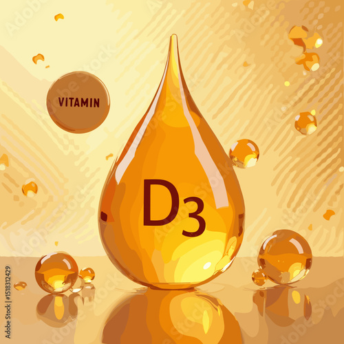 Drop of vitamin D3 oil, glossy finish, warm background, health concept, copy space