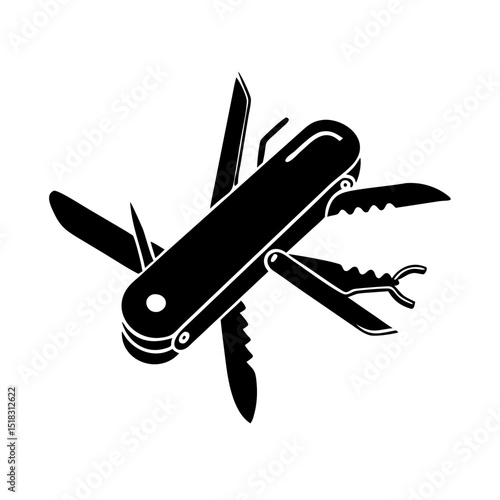 Versatile multi-tool knife icon. This multi-tool features several blades, screwdrivers, and pliers.  Detailed multi-tool illustration perfect for survival guide, camping gear catalog, or icon set.