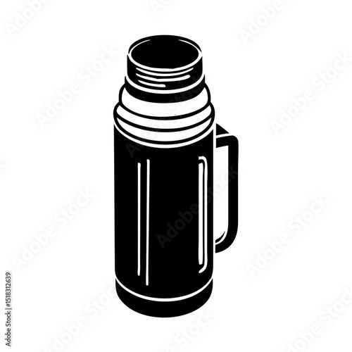 Insulated thermos bottle with handle for hot drinks. Stylish thermos flask keeps beverages warm.  This thermos icon is perfect for cafe menu, website design, or app interface.