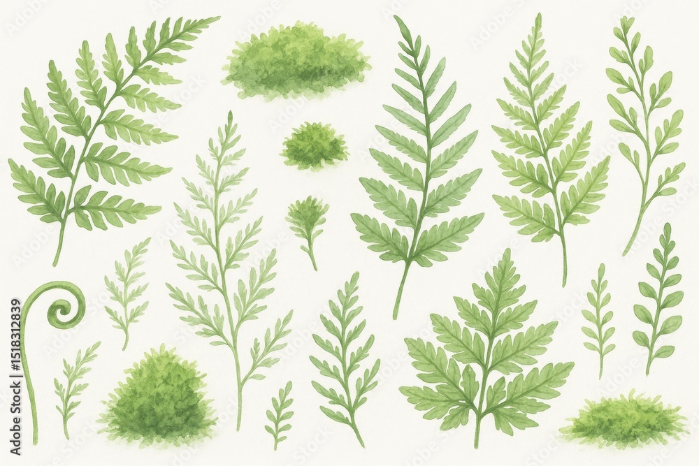 Fototapeta premium Watercolor Fern and Moss Collection Delicate Hand-Painted Illustrations of Various Fern Species and Moss Textures Isolated on White for Botanical Designs