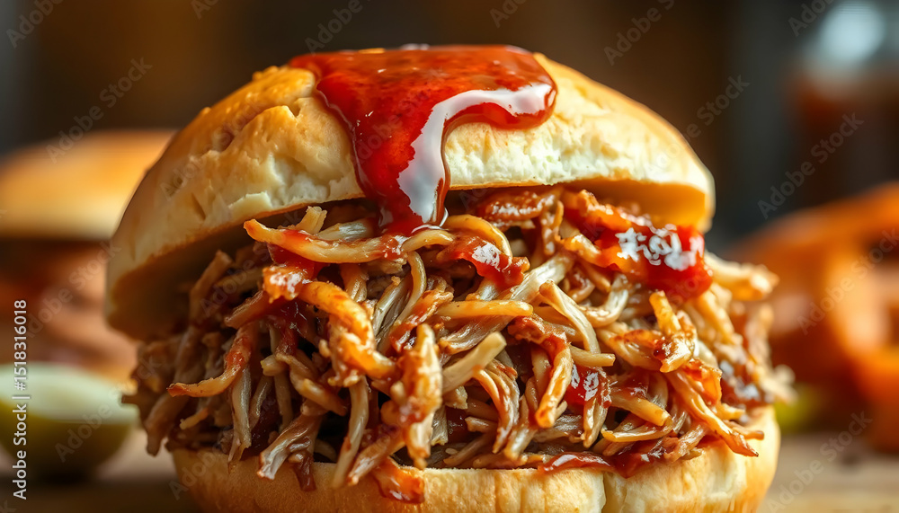 Close-up Of Barbecue Pulled Pork Sandwich With Dripping Sauce And Soft Bun Food Photography Close-up Of Barbecue Pulled Pork Sandwich With Dripping Sauce And Soft Bun Food Photography
