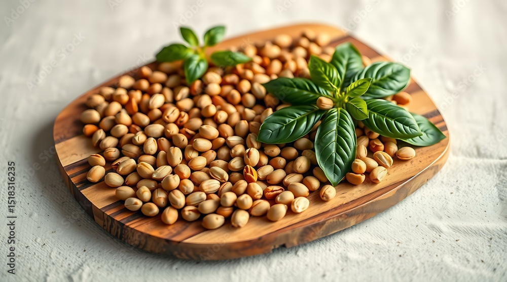 Naklejka premium Pine nuts scattered on olive wood cutting board with basil leaves 