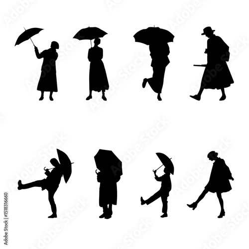 Elegant female silhouettes with umbrellas in playful, theatrical movements.
