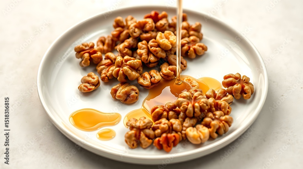 Caramelized walnuts on a white plate with drizzle of honey
Caramelized walnuts on a white plate with drizzle of honey
