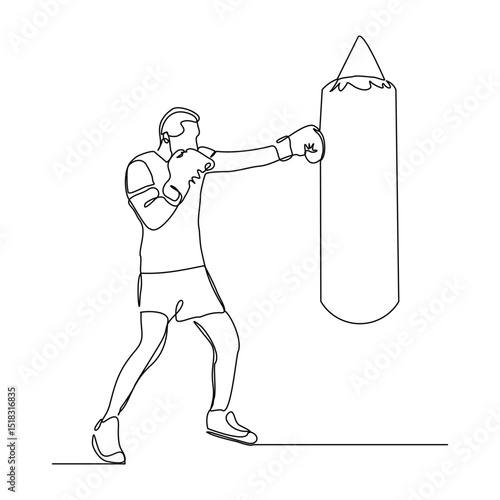 Continuous line drawing of male boxing athlete training with punching bag. Sport single line editable stroke sketch vector illustration