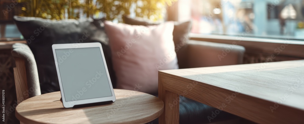 The tablet resting on a wooden table in a cozy living room setting. The tablet resting on a wooden table in a cozy living room setting.