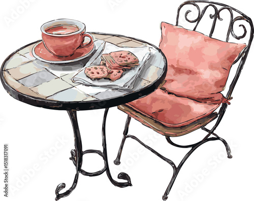 classic coffeshop table and chair editable vector illustration watercolor style