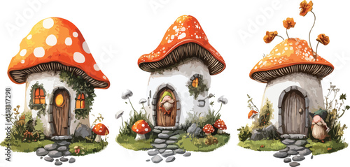 Three Cute Mushroom Houses with Gnomes in a Fairy Tale Forest