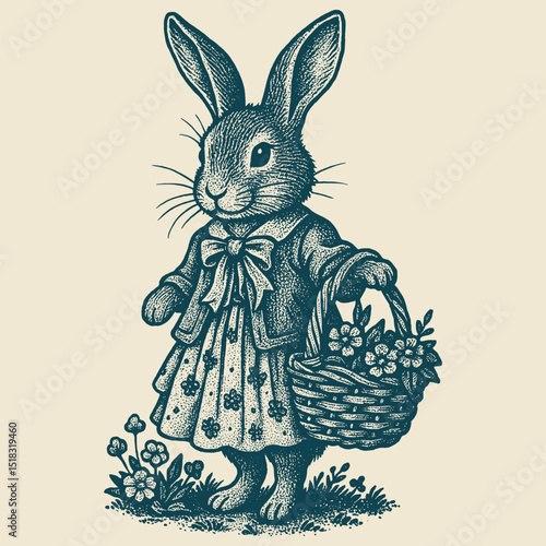 Rabbit girl with basket in vintage engraving style vector