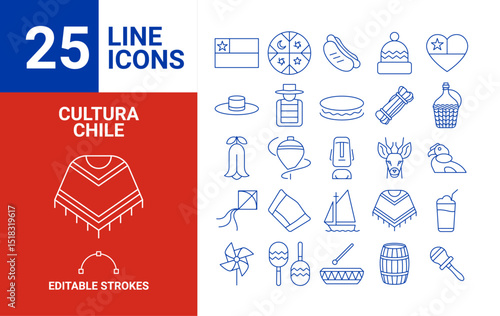 Set de 25 iconos de la cultura de Chile, simbolos patrios, comidas típicas, fauna, vectores en Formato Vectorial. Fiestas Patrias