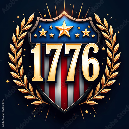 Patriotic 1776 Emblem with Stars and Stripes Shield and Golden Laurel Wreath