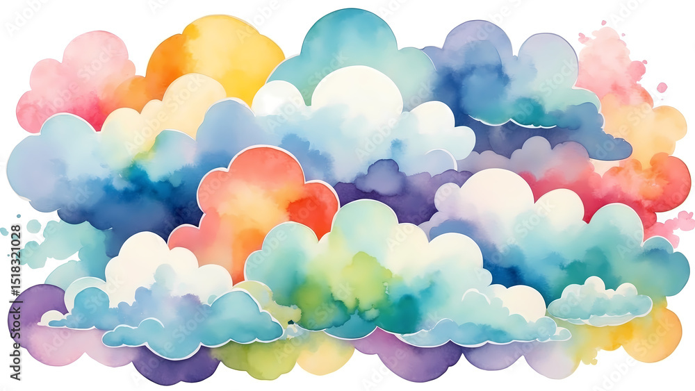 Fototapeta premium Colorful watercolor clouds in various shapes and pastel tones 
