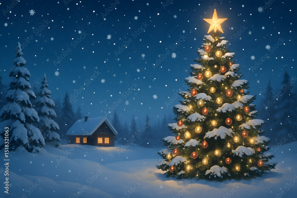 Festive Christmas Scene: Tree with Ornaments and Lights Festive Christmas Scene: Tree with Ornaments and Lights