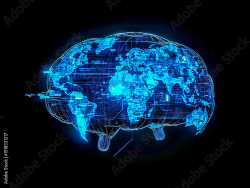 A cybernetic brain pulsates with life, intricately connected to a holographic world map