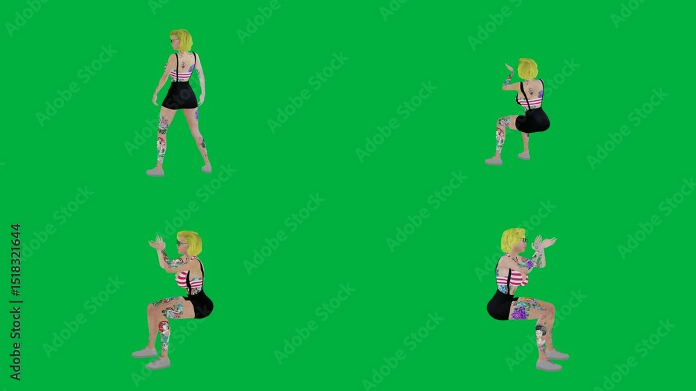 A woman shorts tank top dancing four images different poses bikini bathing suit doing yoga pose striped shirt standing one leg black dress her legs green screen animated chromakey background A woman shorts tank top dancing four images different poses bikini bathing suit doing yoga pose striped shirt standing one leg black dress her legs green screen animated chromakey background